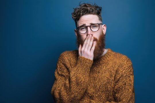Casual sweatered man with glasses sharing a whispered rumor in cool blue light
