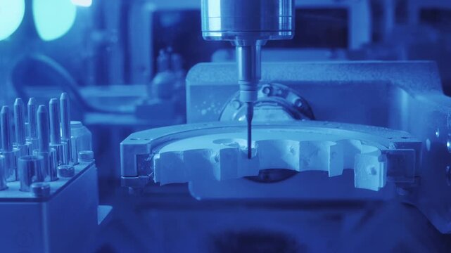 Automated dental milling machine carving zirconia crowns in CAD CAM system, illustrating high-precision digital dentistry, CNC prosthetic production, oral restoration technology, and modern dental lab
