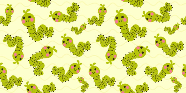 Caterpillar seamless pattern on yellow wavy background