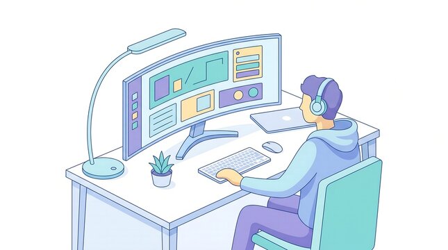 A young man wearing headphones working on a curved widescreen monitor in a clean modern workspace illustration