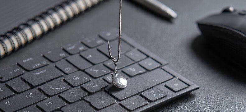 Fishing hook dangling over a keyboard, symbolizing online deception
