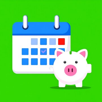 A flat illustration of a calendar next to a piggy bank on a bright green background. The calendar has blue and red blocks and a check mark