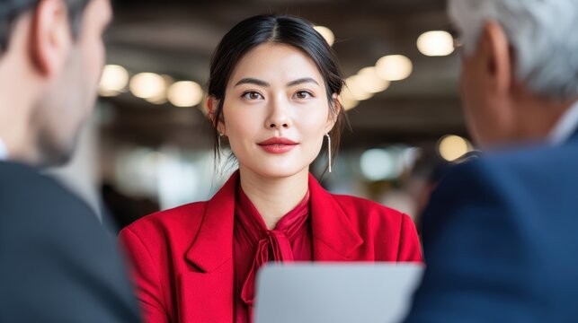 Professionalism in Focus: A poised businesswoman commands attention in a formal meeting, exuding confidence and capability amidst colleagues, a visual representation of competence.