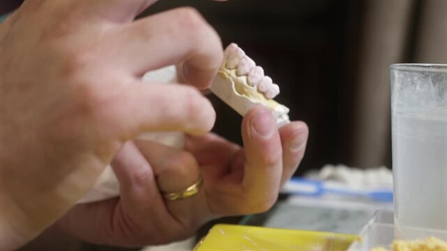 Dental technician applying primer on dental mold model using brush for prosthetics, laboratory tools, dentistry education, prosthodontics, oral restoration.