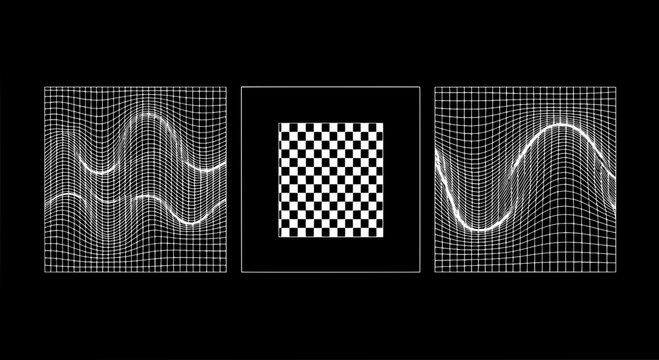 Wave grid and checkered target icons with metallic contour lines for techno HUD interface design featuring grayscale, checkerboard, oscillation with