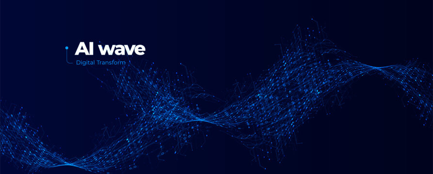AI Wave Technology Background with Futuristic Digital Data Flow and Glowing Blue Network Particles. Artificial Intelligence Waves for Tech Business Banner. Vector Illustration.