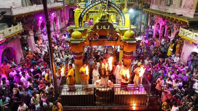 Aerial view of evening Yamuna Aarti at Vishram Ghat, Mathura, Uttar Pradesh, India