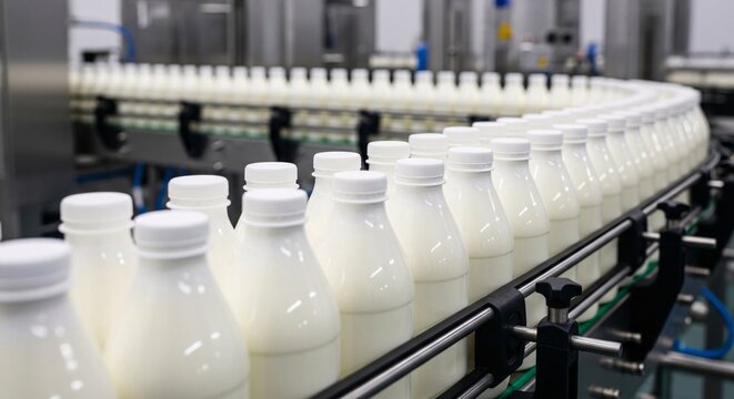 High quality dairy production line with fresh milk bottles on conveyor belt in modern processing facility for dairy industry manufacturing and packaging