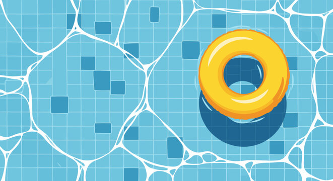 A bright yellow inflatable ring floats on the surface of a sparkling blue swimming pool