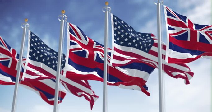 Hawaii state flags waving with the national flags of the United States of America on a clear day. Seamless 3d render animation. Slow motion loop. Selective focus