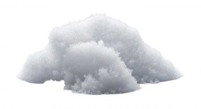 A small pile of white granular snow or crushed ice isolated on a solid black background, showing textured crystalline surface details