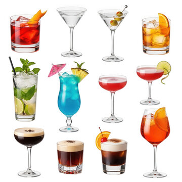Collection of various alcoholic cocktails and mixed drinks with garnishes like orange slices lime wedges mint leaves and cherries on black