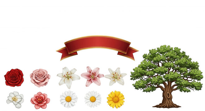 Collection of various colorful flowers including roses lilies and daisies with a large green tree and a curved red ribbon banner on black