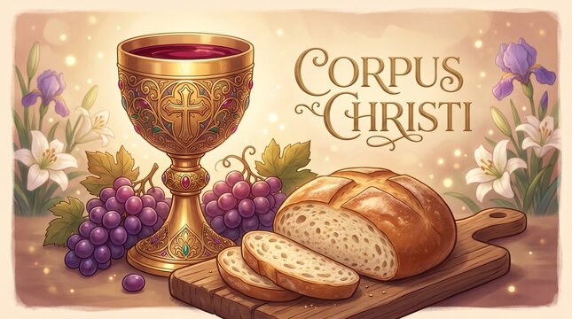 Illustration of an ornate golden chalice with wine, bread, and purple grapes for Corpus Christi on a white background. Concept of eucharist, holy communion, and christian faith