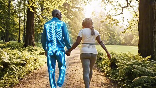 Senior couple walking in forest path with glowing skeleton view, rear view, calm morning light in park nature