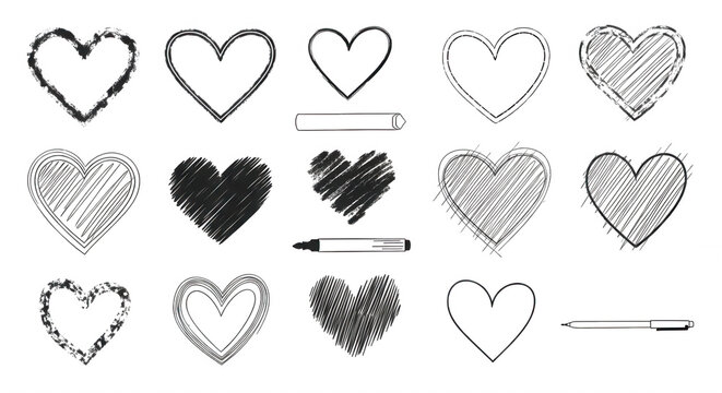 Collection of white hand drawn heart shapes and writing instruments isolated on a solid black background for projects