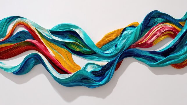 Vibrant, flowing ribbons of color undulate across a stark white background