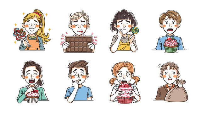 Food Emotions: A collection of stylized illustrations showing various expressions of food consumption experiences, ranging from joy to discomfort.