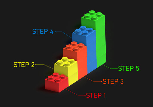 Stairs to success Infographic concept made by colored Lego plastic blocks isolated on dark grey background. Lego 3D blocks. 3D rendered editorial vector illustration