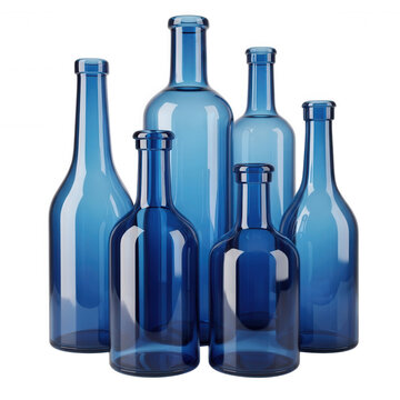 Group of five empty blue glass bottles with varying heights and shapes isolated on a solid black background