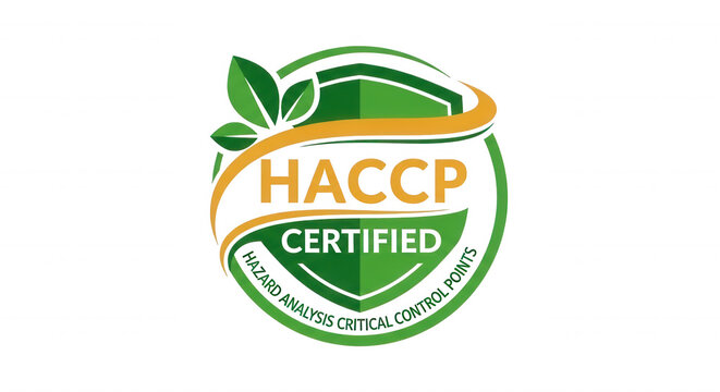H A C P Certified circular emblem with a green shield and yellow text featuring leaves on a black background for food safety labeling