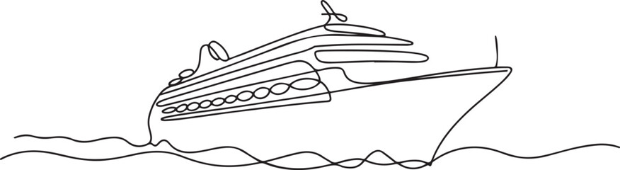 Continuous one line drawing of Cruise ship sailing in the sea. Cruise ship in single line draw illustration.one line Art icon drawing vector © Hasho 