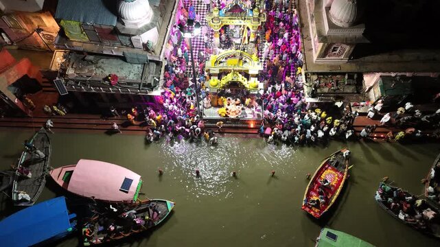 Aerial view of evening Yamuna Aarti at Vishram Ghat, Mathura, Uttar Pradesh, India