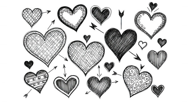 Hand drawn white chalk heart shapes with various patterns and arrows on a black background for valentines day