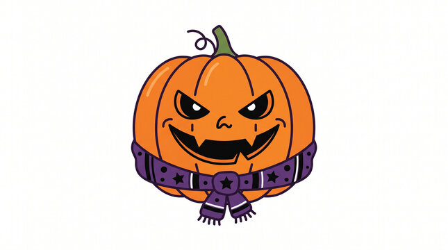 Cute mischievous pumpkin face with witch scarf Halloween flat color clip art illustration