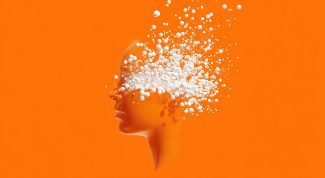 A stylized orange head profile with white particles exploding from its eye