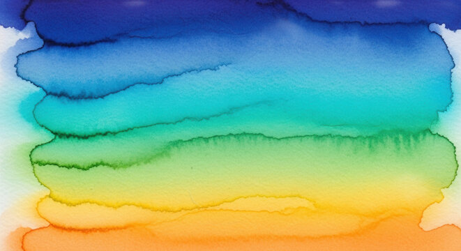 Horizontal watercolor wash background with a gradient transition from deep blue to turquoise green yellow and orange pigment layers