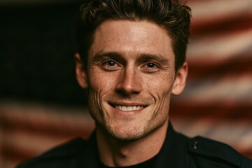 Obraz premium Close-up portrait of a smiling man with freckles against a blurred American flag background.