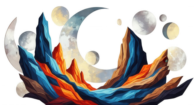 Jagged mountain peaks in blue and orange colors set against a black background with multiple glowing moons and crescent shapes