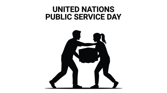 Silhouettes of a man and woman lifting a heavy box for united nations public service day