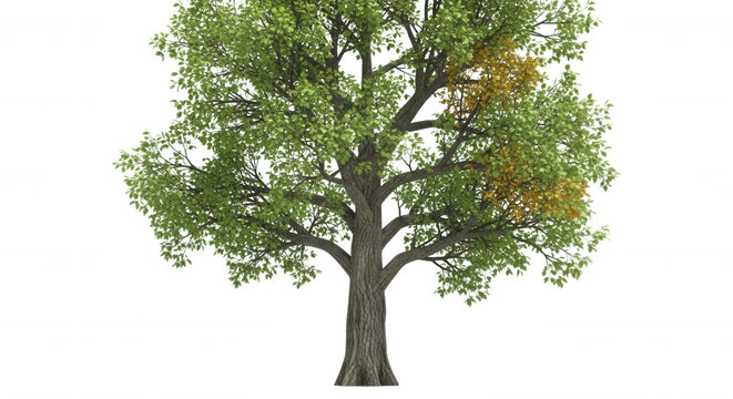 Large deciduous tree with textured brown bark and dense green foliage featuring a patch of yellowing autumn leaves isolated on black background