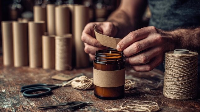 Hands applying label to amber jar candle with craft supplies