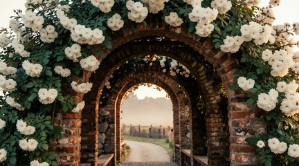 Naklejka premium Old brick garden archway covered with white roses leads to serene pathway. Rich green vines with abundant white blossoms create romantic natural tunnel. Sunlight filters through.