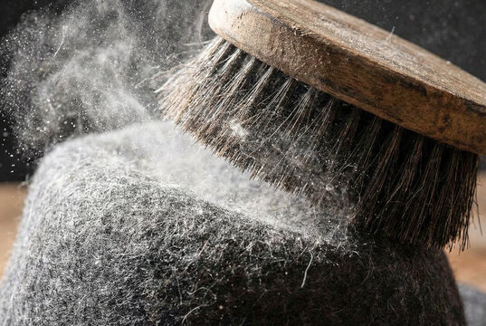 Dust removal vintage rug brush cleaning fabric fibers macro close up household allergen mite dust particles airborne