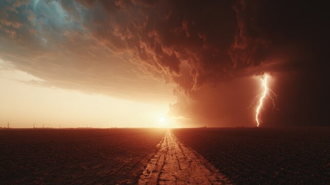 Dramatic Sky with Lighting: A formidable storm unfolds under an intimidating sky, its power punctuated by a radiant bolt of lightning, creating a compelling tableau of nature's raw force. 