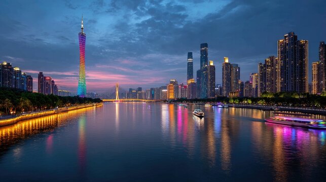 Vibrant cityscape at dusk with a colorful tower and illuminated riverfront