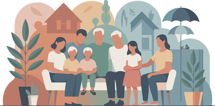 Large family portrait sitting together on couch inside home interior cozy living room setting multi generational togetherness