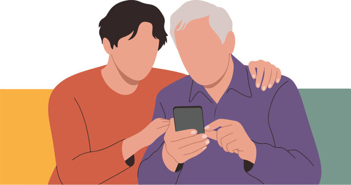 Young man supporting elderly person while looking at smartphone screen during casual indoor moment of tech assistance