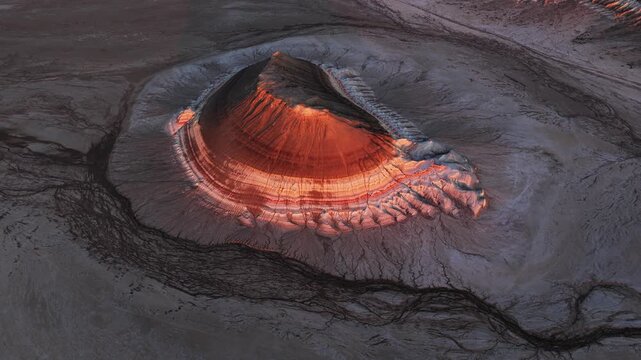 Aerial view of the layered Gora Bokty mountain with its unique striped slopes and eroded desert terrain at sunset in Karakiya District, Mangystau Region, Kazakhstan.