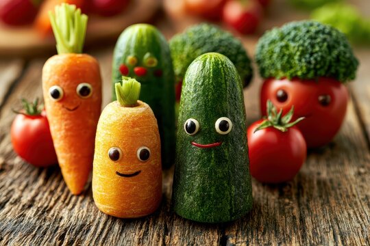 Cute and funny vegetable characters made from carrots, cucumbers, tomatoes, and broccoli on wood