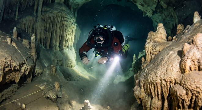 Technical Cave Scuba Diver Exploring Flooded Underground Cavern with Silt