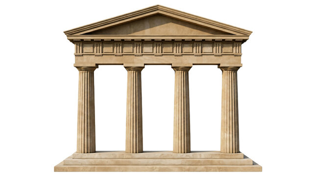 Ancient Greek Temple Facade with Columns and Pediment, Classical Architecture Symbol, Isolated on White