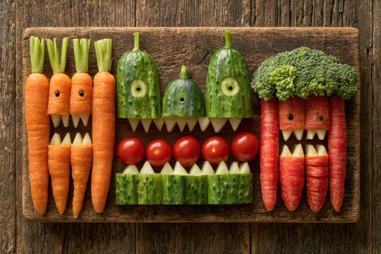 Creative vegetable monsters with sharp teeth made from carrots, cucumbers, tomatoes, and broccoli on wood