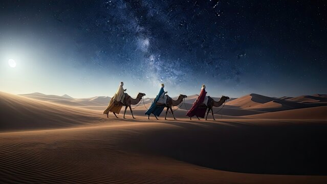 Three figures on camels journeying across a vast desert landscape at night