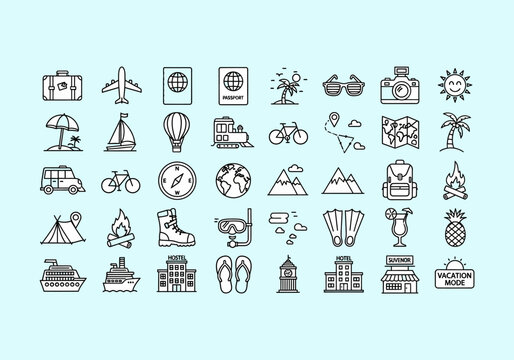 travel and tourism adventure set of icons for christmas