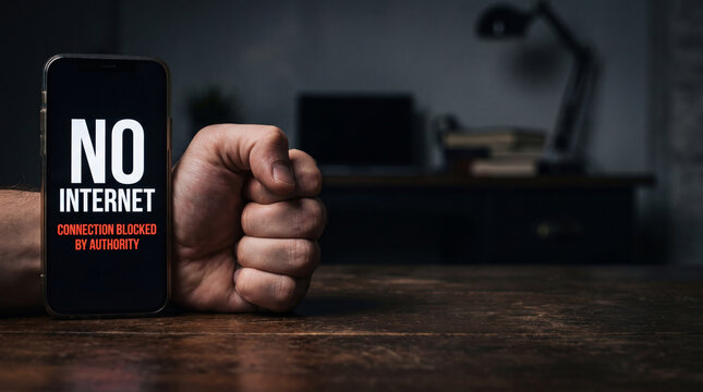 Man hand clenching fist next to smartphone showing no internet access message. Internet blocking and social network restriction. Government web censorship and digital communication control.